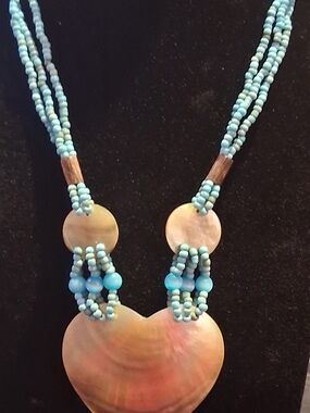 Vintage Blue Glass BeTurquoise Bead and Shell Statement Necklace - Women Jewelry